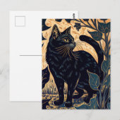 Linocut einer schwarzen Katze Unter Pflanze mit ge Postkarte (Vorne/Hinten)