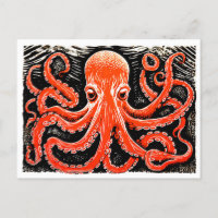 Linocut eines Roten Oktopus auf Schwarz-Weiß-Bg