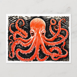 Linocut eines Roten Oktopus auf Schwarz-Weiß-Bg Postkarte