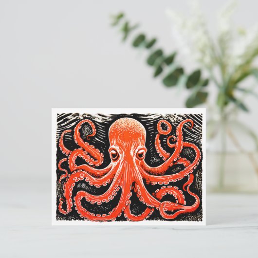 Linocut eines Roten Oktopus auf Schwarz-Weiß-Bg Postkarte (Stehend Vorderseite)