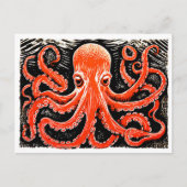 Linocut eines Roten Oktopus auf Schwarz-Weiß-Bg Postkarte (Vorderseite)