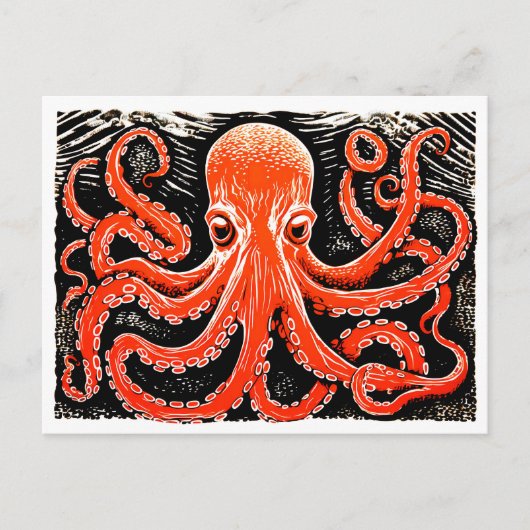 Linocut eines Roten Oktopus auf Schwarz-Weiß-Bg Postkarte (Vorderseite)