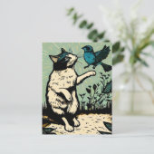 Linocut Katze Versuch einen Vogel zu fangen Postkarte (Stehend Vorderseite)