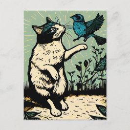 Linocut Katze Versuch einen Vogel zu fangen Postkarte