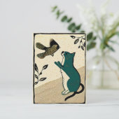 Linocut Katze Versuch einen Vogel zu fangen Postkarte (Stehend Vorderseite)