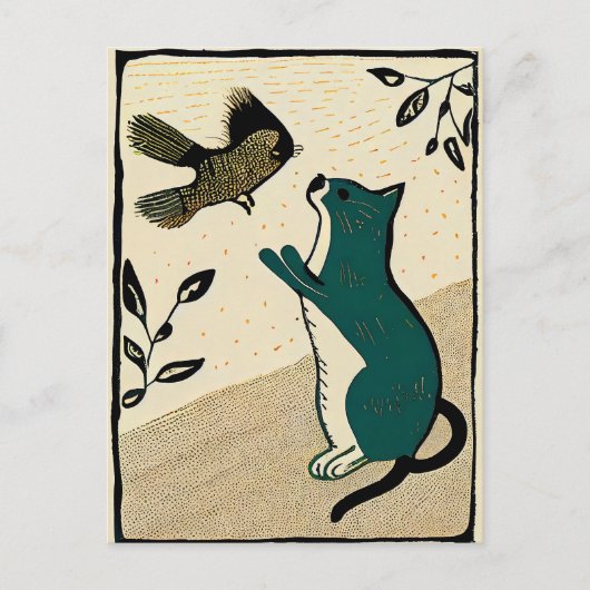 Linocut Katze Versuch einen Vogel zu fangen Postkarte (Vorderseite)