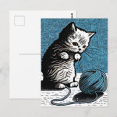 Linocut Kitten Spielen mit einem Ball aus Garn Postkarte (Vorne/Hinten)