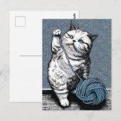 Linocut Kitten Spielen mit einem Ball aus Garn Postkarte (Vorne/Hinten)