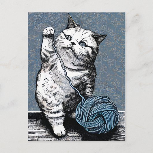 Linocut Kitten Spielen mit einem Ball aus Garn Postkarte (Vorderseite)