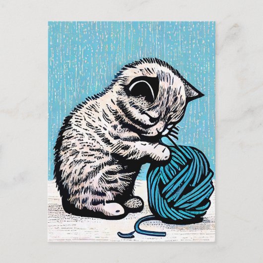 Linocut Kitten Spielen mit einem Ball aus Garn Postkarte (Vorderseite)