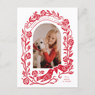 Linocut-Lovebirds und Rose gewölbte Foto-Design Postkarte