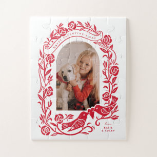 Linocut-Lovebirds und Rose gewölbte Foto-Design Puzzle