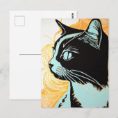 Linocut-Portrait einer Katze im Profil Postkarte (Vorne/Hinten)