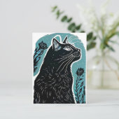 Linocut-Portrait einer Katze im Profil Postkarte (Stehend Vorderseite)
