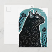 Linocut-Portrait einer Katze im Profil Postkarte (Vorne/Hinten)