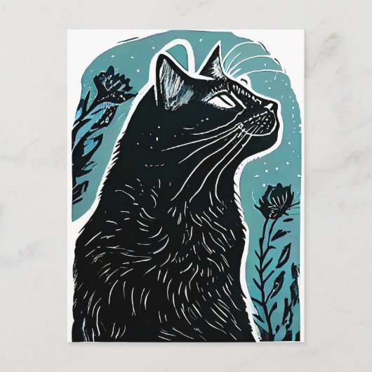 Linocut-Portrait einer Katze im Profil Postkarte (Vorderseite)