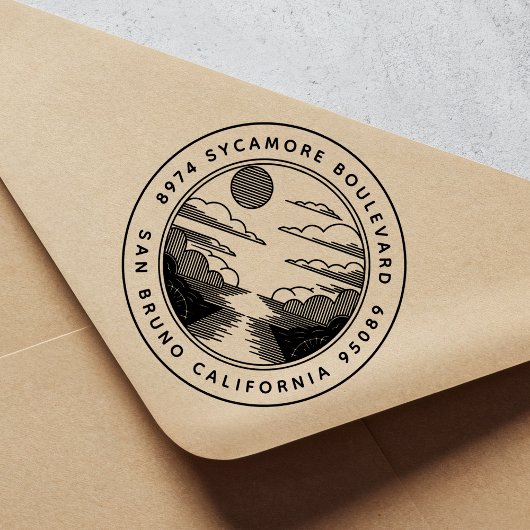 Linocut Style Landscape Return Address Stamp Permastempel