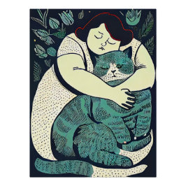 Linocut Voluptuous Frauen halten eine große Katze Poster