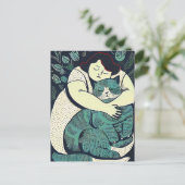 Linocut Voluptuous Frauen halten eine große Katze Postkarte (Stehend Vorderseite)