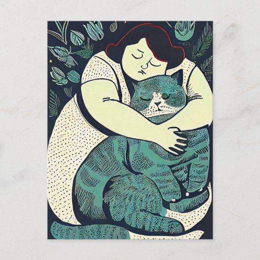 Linocut Voluptuous Frauen halten eine große Katze Postkarte (Vorderseite)