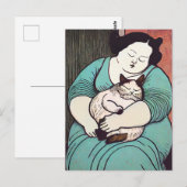 Linocut Voluptuous Frauen halten eine Katze Postkarte (Vorne/Hinten)