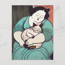 Linocut Voluptuous Frauen halten eine Katze Postkarte