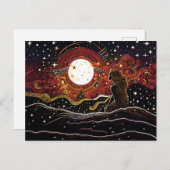 Linocut von Meerjungfrau am Mond in der Welle Postkarte (Vorne/Hinten)