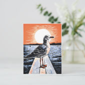 Linocut von Seagull am Pier bei Sonnenuntergang Postkarte (Stehend Vorderseite)