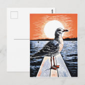 Linocut von Seagull am Pier bei Sonnenuntergang Postkarte (Vorne/Hinten)