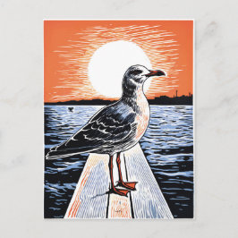 Linocut von Seagull am Pier bei Sonnenuntergang Postkarte