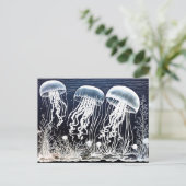 Linocut von White Jellyfish Schwimmen am Korallenr Postkarte (Stehend Vorderseite)