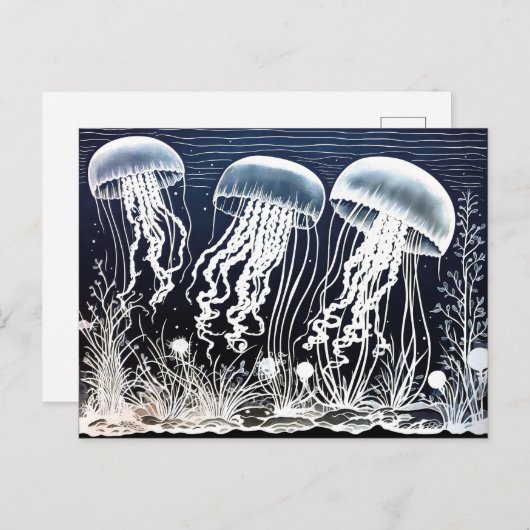 Linocut von White Jellyfish Schwimmen am Korallenr Postkarte (Vorne/Hinten)