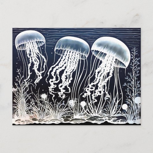 Linocut von White Jellyfish Schwimmen am Korallenr Postkarte (Vorderseite)