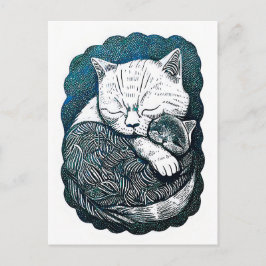 Linocut Weiß und Schwarze Katzen zusammen schlafen Postkarte