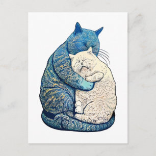 Linocut Weiß und Schwarze Katzen zusammen schlafen Postkarte