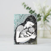 Linocut Young Woman Holding a Cat Postkarte (Stehend Vorderseite)