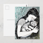 Linocut Young Woman Holding a Cat Postkarte (Vorne/Hinten)