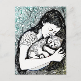 Linocut Young Woman Holding a Cat Postkarte