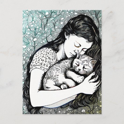 Linocut Young Woman Holding a Cat Postkarte (Vorderseite)