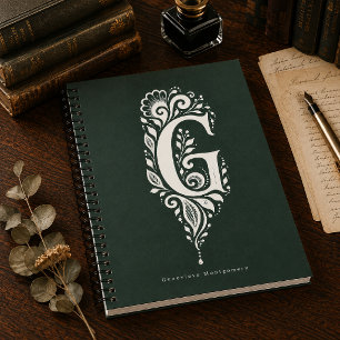 Linolschnitt-Buchstabe G Botanisches Monogramm Not Notizblock