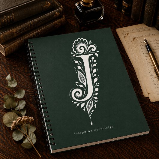 Linolschnitt-Buchstabe J Botanisches Monogramm Not Notizblock