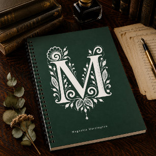 Linolschnitt-Buchstabe M Botanisches Monogramm Not Notizblock