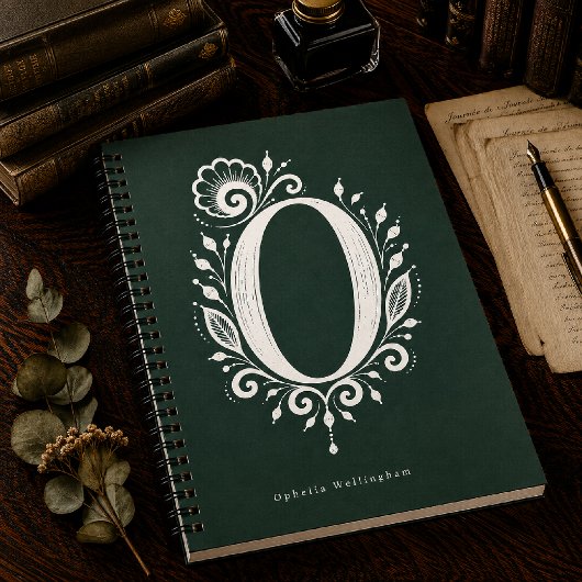 Linolschnitt-Buchstabe O Botanisches Monogramm Not Notizblock