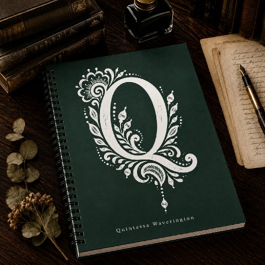 Linolschnitt-Buchstabe Q Botanisches Monogramm Not Notizblock