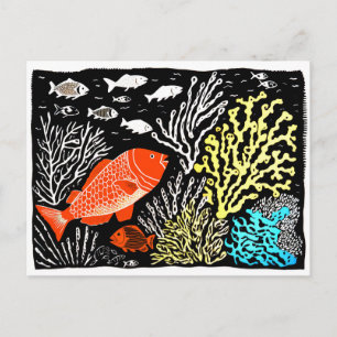 Linolschnitt eines roten Fisches, der in einem Kor Postkarte