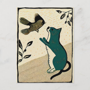 Linolschnitt Katze beim Versuch einen Vogel zu fan Postkarte