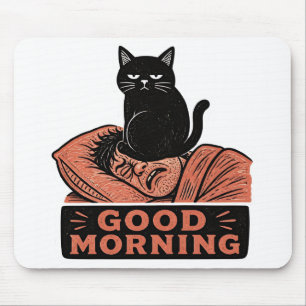 Linolschnitt Sarkastische schwarze Katze Guten Mor Mousepad