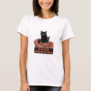 Linolschnitt Sarkastische schwarze Katze Guten Mor T-Shirt