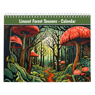 Linolschnitt Wald Jahreszeiten Kalender