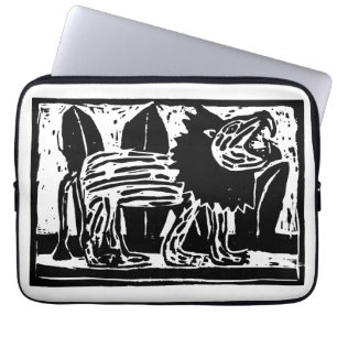 Linoschnitt aus schwarzem und weißem Roaring Lion Laptopschutzhülle
